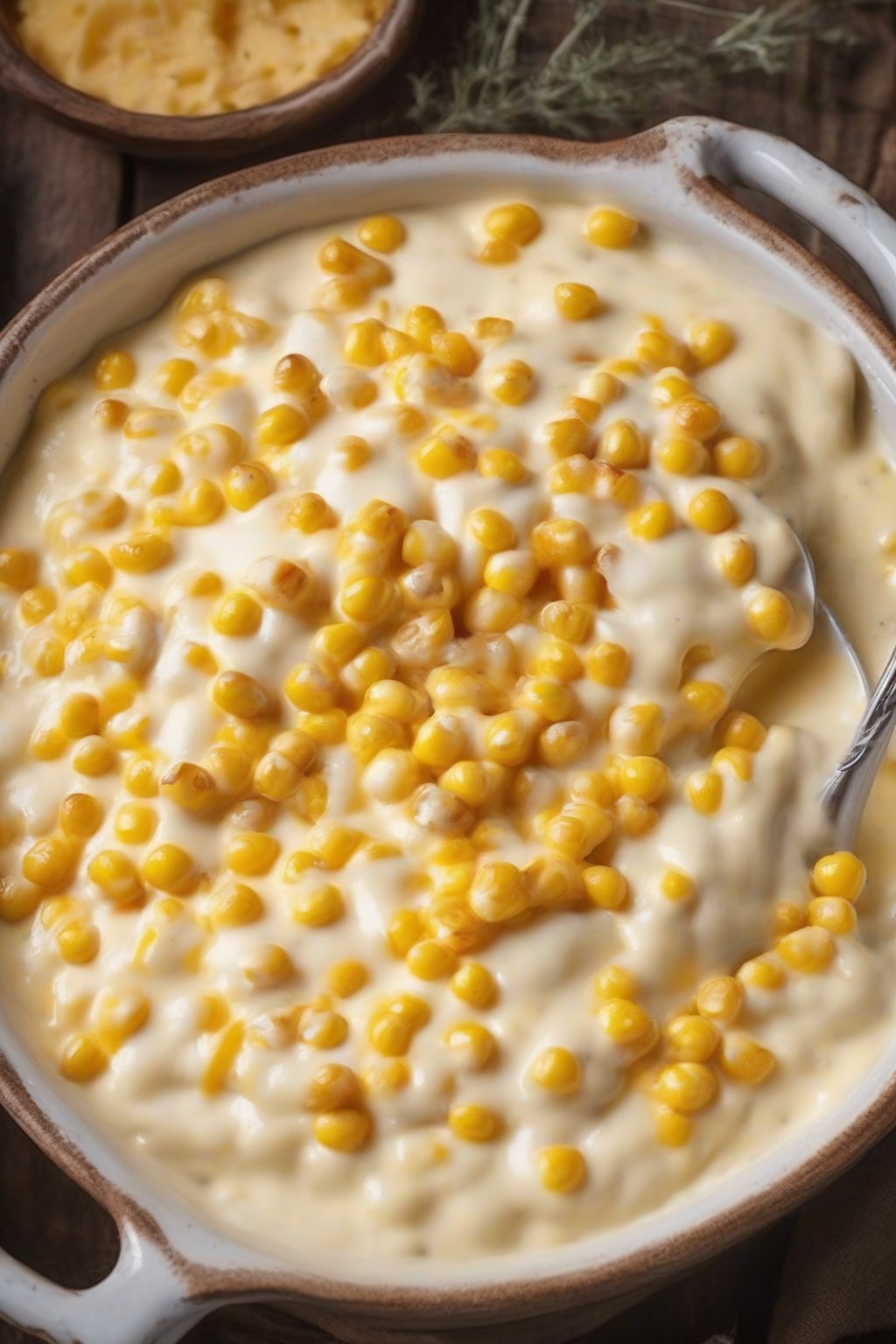 A high-resolution photo of cheesy buttery cream corn with golden melted cheddar on top, served in a rustic dish under soft lighting.