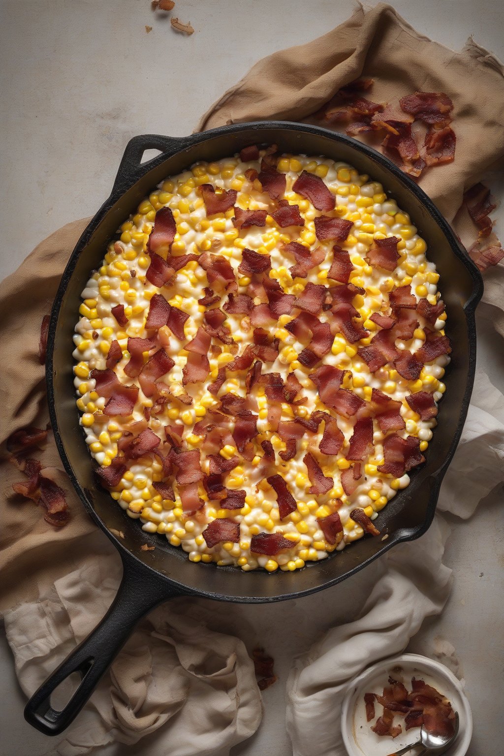 A high-resolution photo of bacon-infused buttery cream corn topped with crispy bacon bits, in a cast-iron skillet under soft lighting.