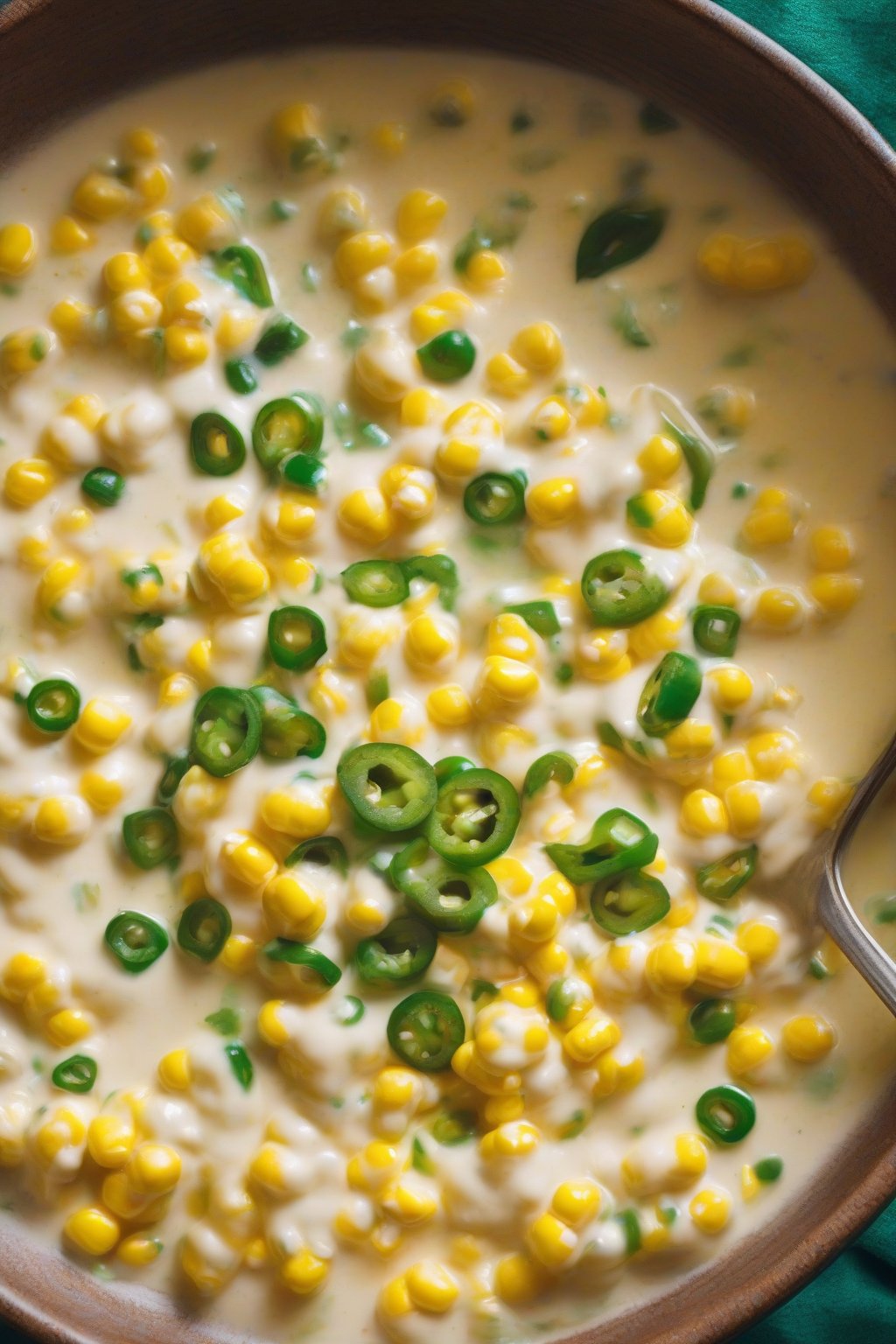 A high-resolution photo of spicy jalapeño buttery cream corn with green flecks and a glossy sheen, in a vibrant bowl under soft lighting.