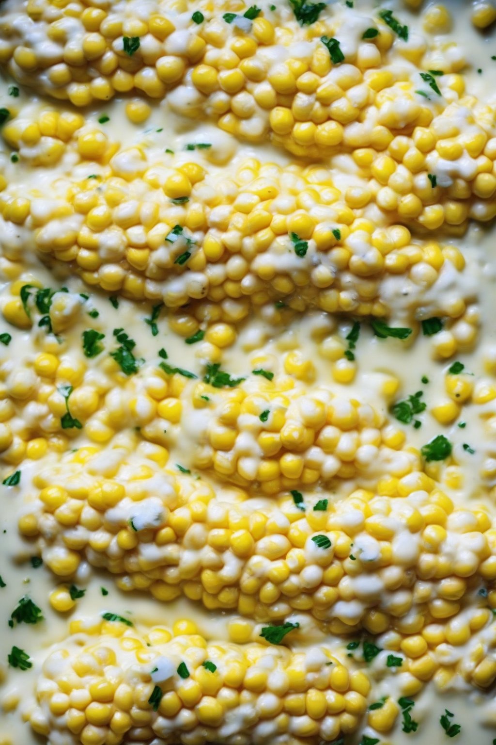 A high-resolution photo of garlic Parmesan buttery cream corn sprinkled with fresh cheese, steaming gently under soft lighting.