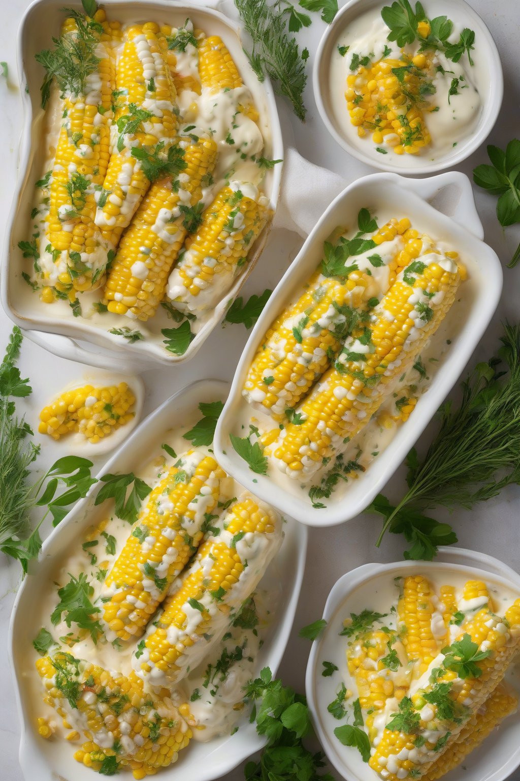 A high-resolution photo of herb-loaded buttery cream corn garnished with colorful fresh herbs, in an elegant white dish under soft lighting.
