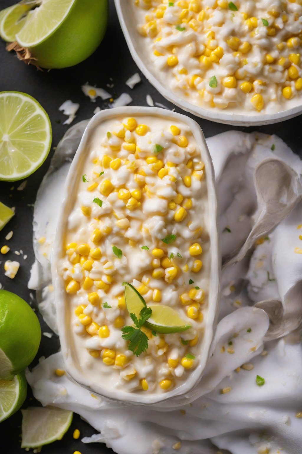 A high-resolution photo of coconut buttery cream corn with lime zest flecks, creamy and tropical under soft lighting.