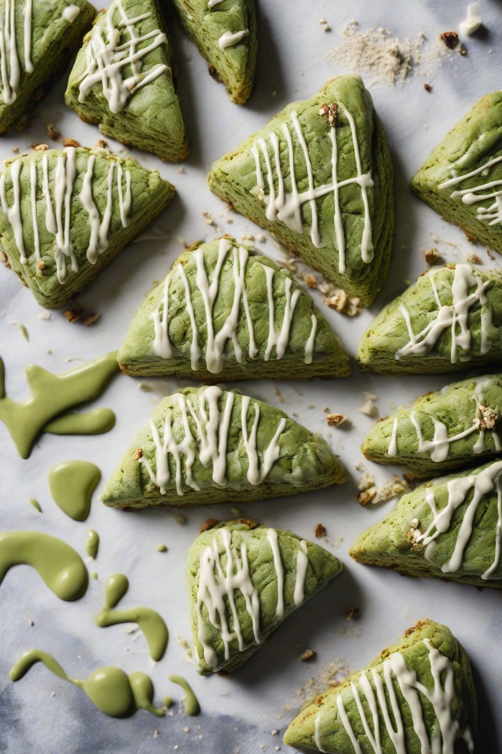 A high-resolution photo of vibrant green matcha scones with white chocolate drizzle, powdered matcha dust on top, under soft lighting.