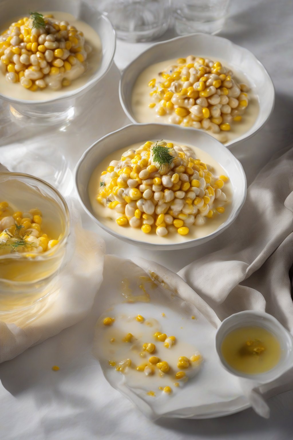 A high-resolution photo of truffle buttery cream corn drizzled with oil, elegantly plated under soft lighting.