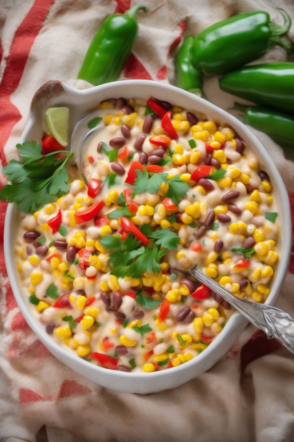 A high-resolution photo of Southwestern buttery cream corn with beans and peppers, colorful and hearty under soft lighting.