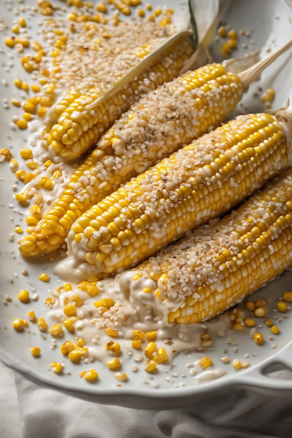 A high-resolution photo of Asian-inspired buttery cream corn topped with sesame seeds, glossy and aromatic under soft lighting.