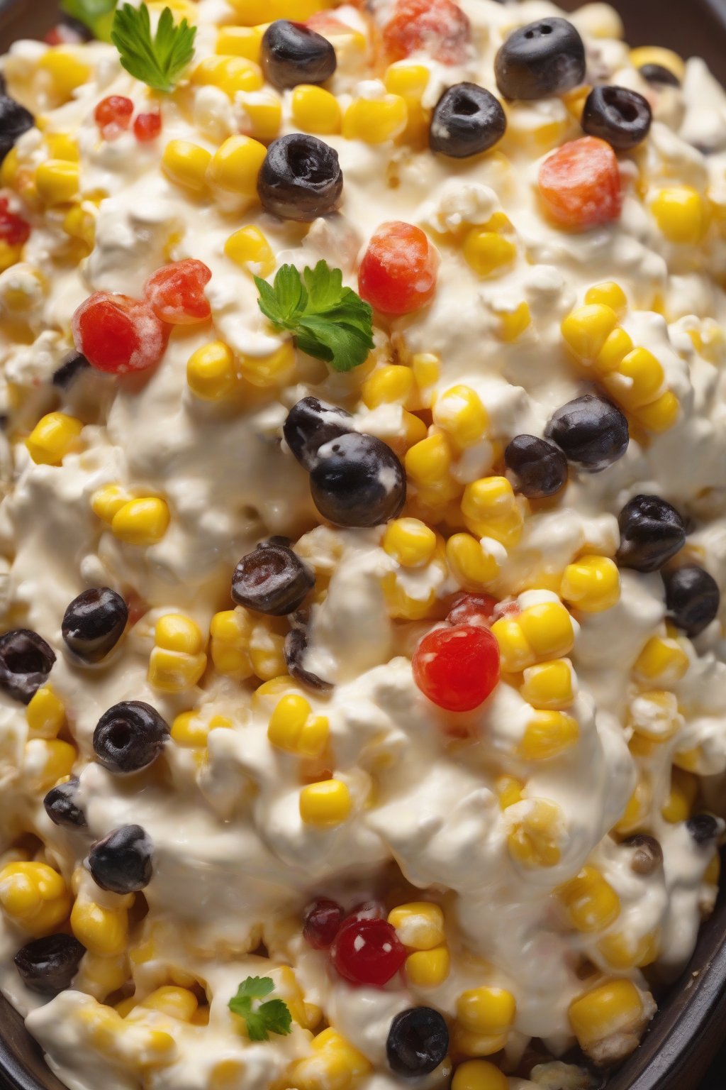 A high-resolution photo of loaded buttery cream corn piled with toppings, indulgent and textured under soft lighting.