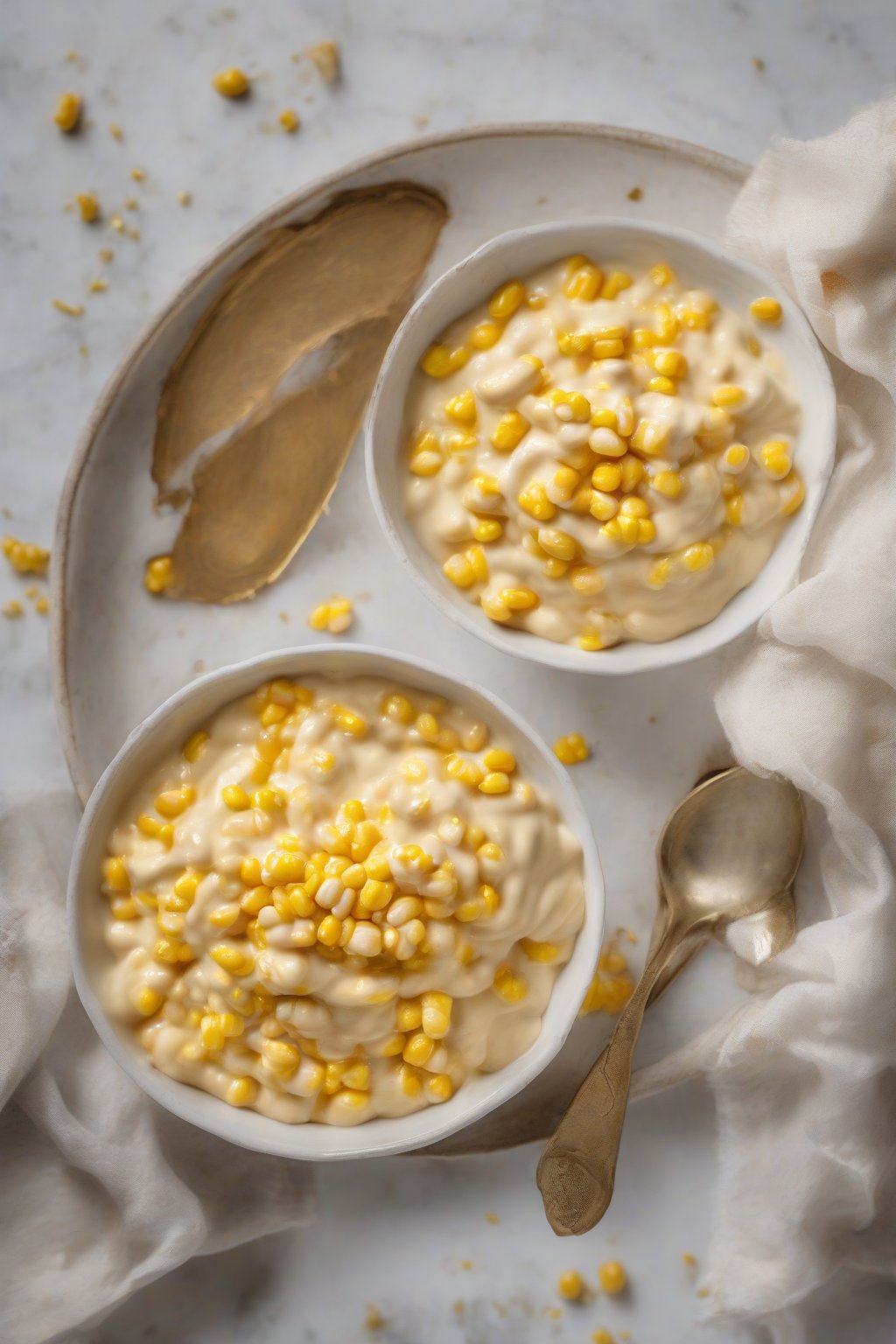 A high-resolution photo of vegan buttery cream corn, smooth and creamy with a subtle golden hue under soft lighting.