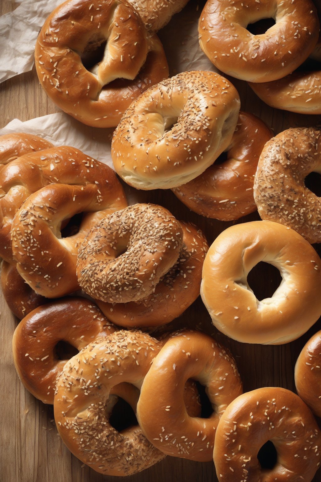 A high-resolution photo of golden brown plain chewy bagels on a wooden board, with a slight sheen from boiling, steam rising, under soft lighting.