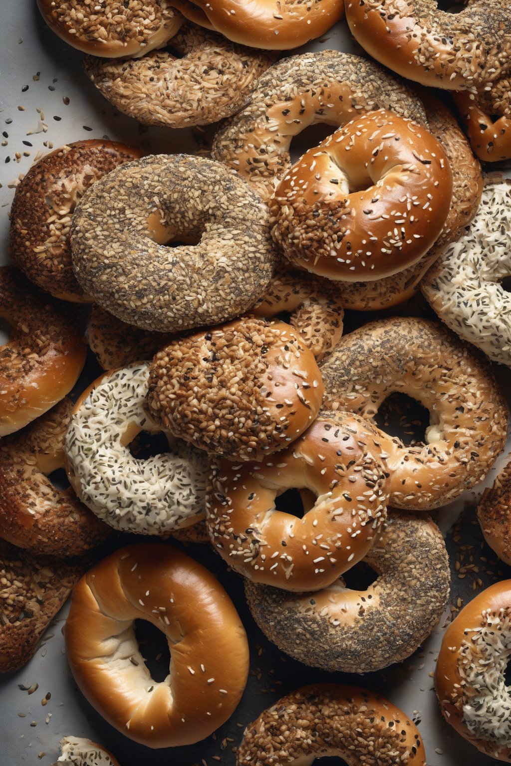 A high-resolution photo of everything bagels piled high, seeds glistening, one sliced open revealing dense crumb, under soft lighting.