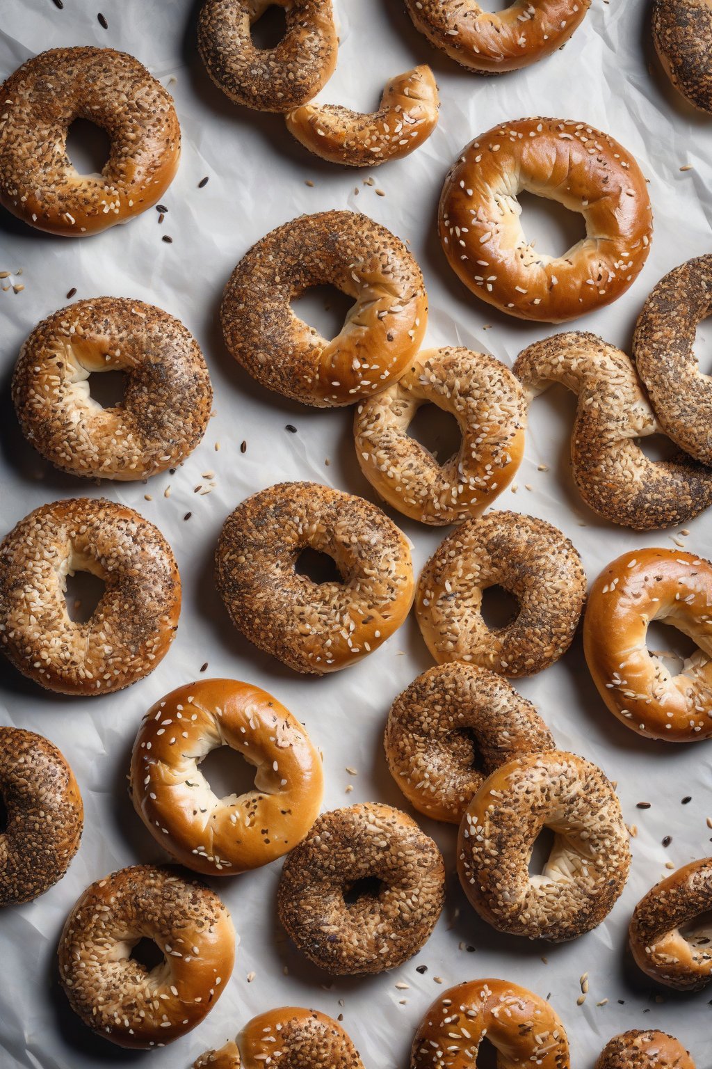 A high-resolution photo of sesame-crusted chewy bagels, seeds toasted golden, fresh from oven on parchment, under soft lighting.