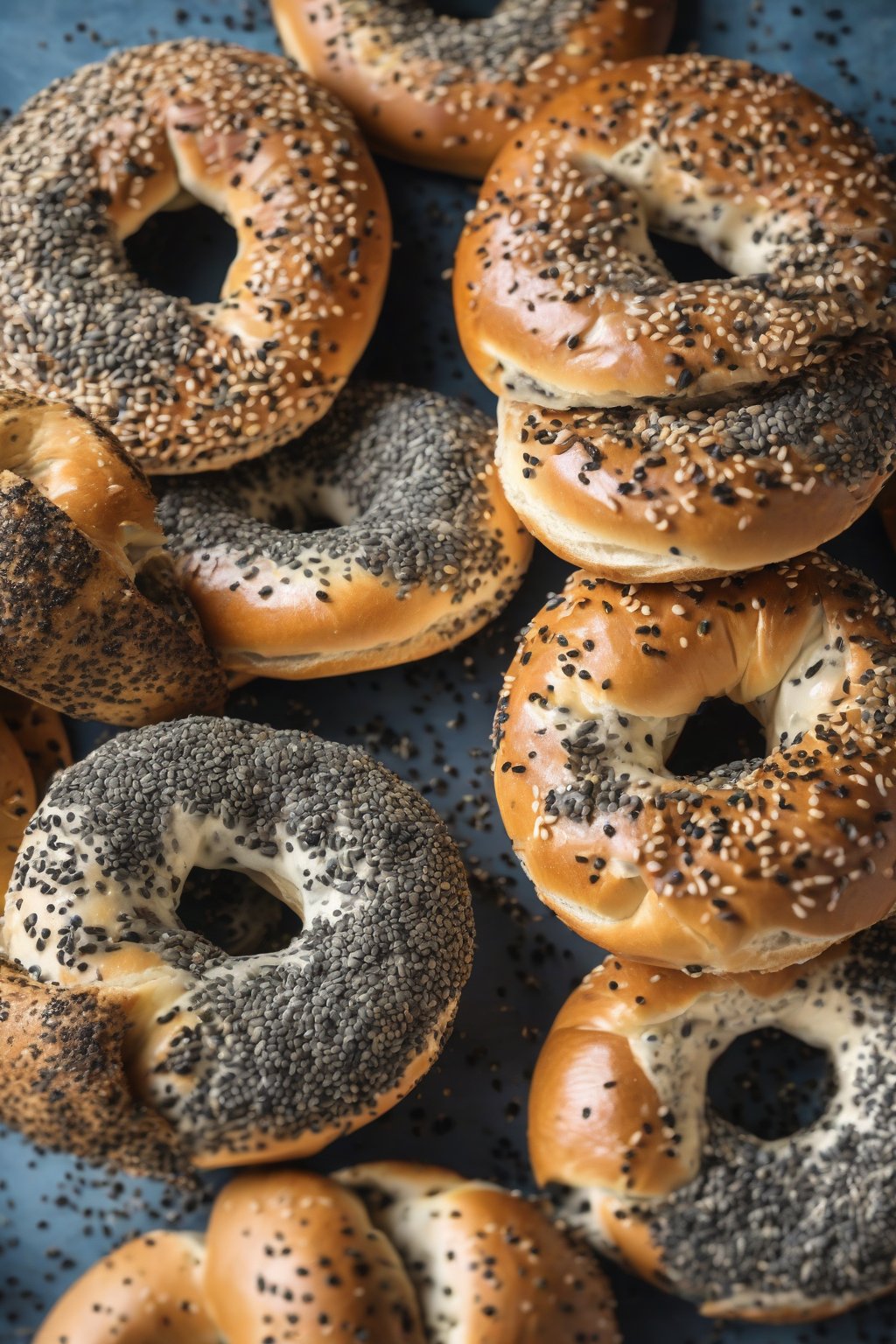 A high-resolution photo of poppy seed bagels with blue-black seeds scattered evenly, one halved showing chewiness, under soft lighting.