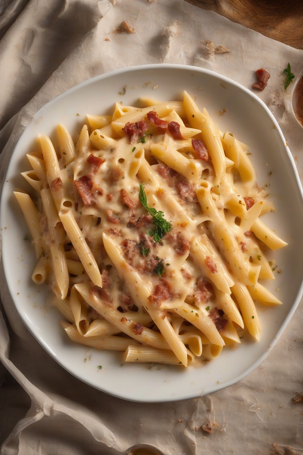 A high-resolution photo of penne carbonara in a deep plate, sauce filling ridges with crunchy guanciale, under soft lighting.