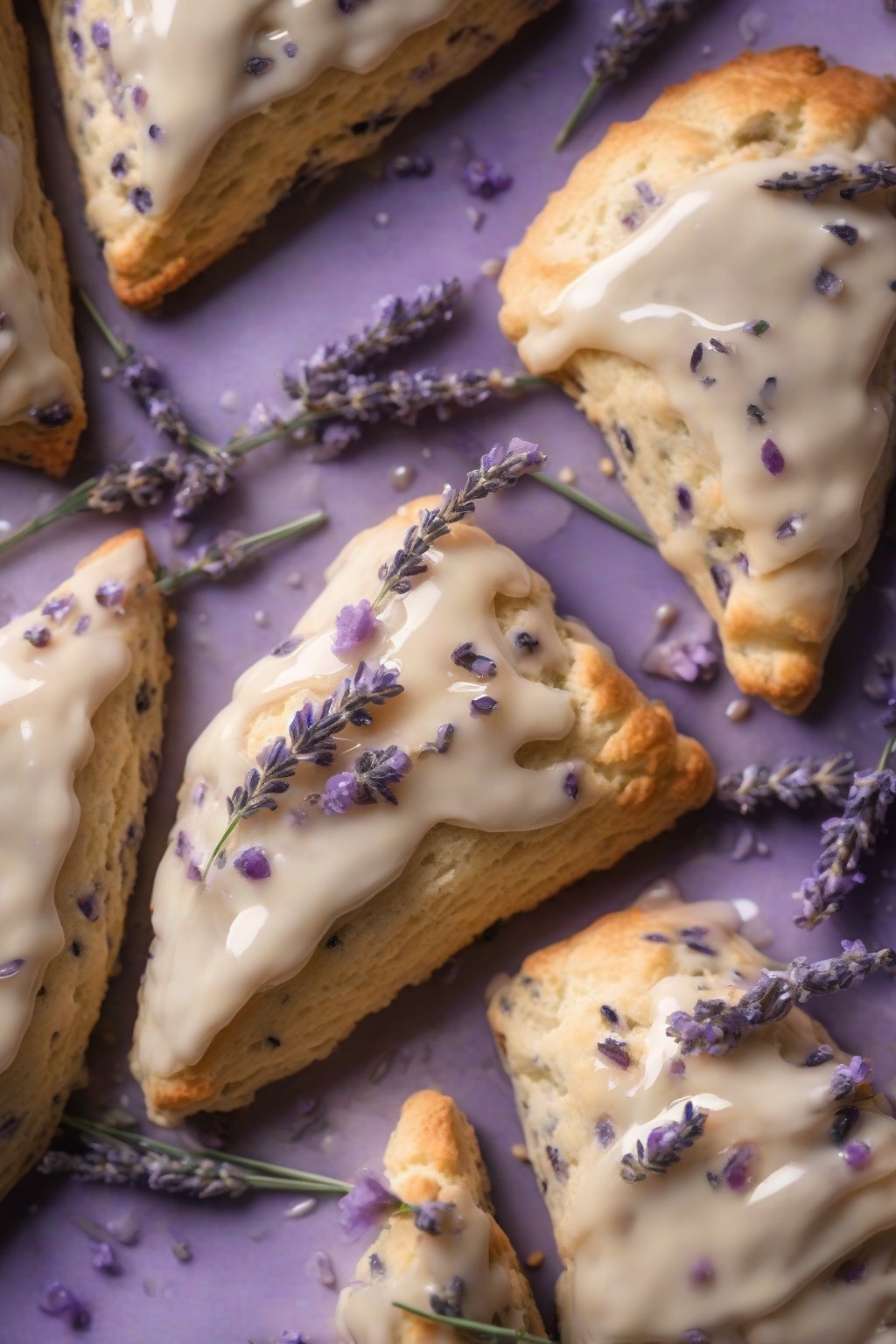 A high-resolution photo of lavender honey scones with purple flecks and honey glaze shine, fresh lavender sprigs garnish, under soft lighting.