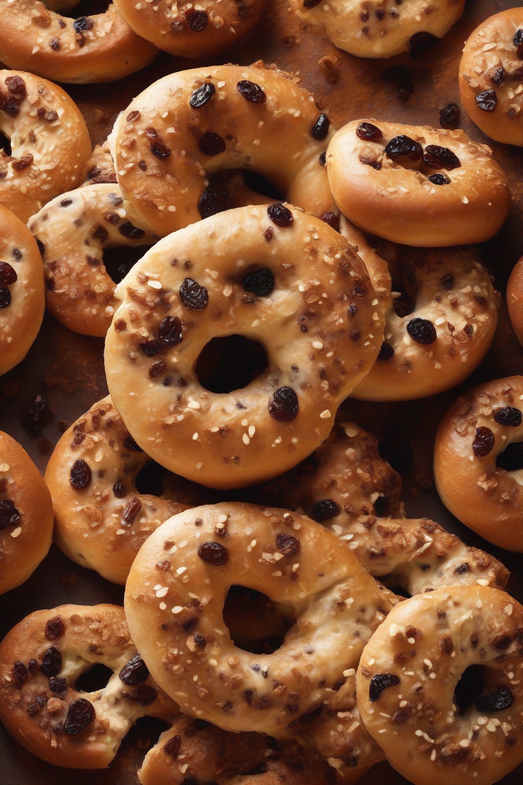 A high-resolution photo of cinnamon raisin chewy bagels, raisins peeking through, dusted with cinnamon, warm glow, under soft lighting.