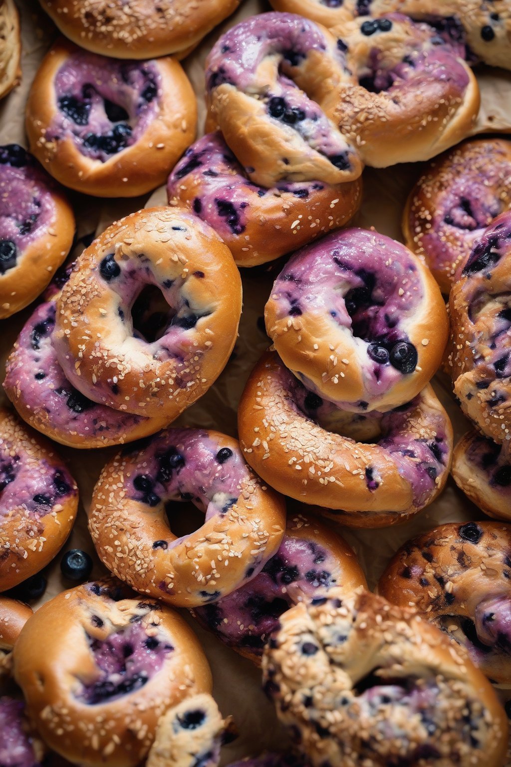 A high-resolution photo of blueberry bagels with purple flecks in the golden dough, juicy interior visible in slice, under soft lighting.