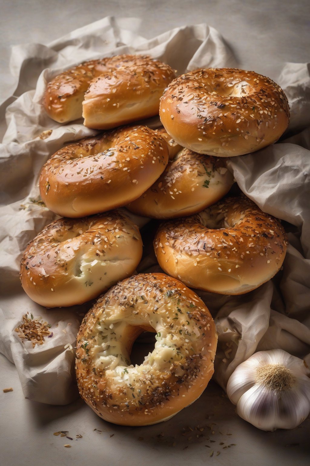 A high-resolution photo of garlic bagels with caramelized flecks, aromatic steam, rustic stack, under soft lighting.