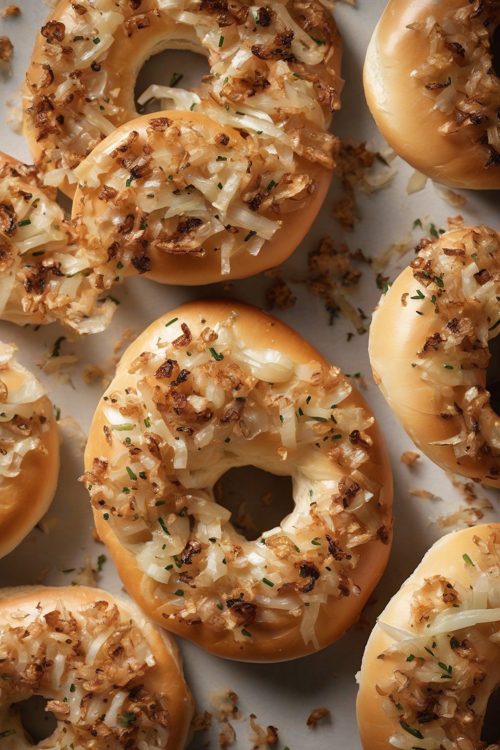 A high-resolution photo of onion bagels topped with crispy bits, one open to chewy center, under soft lighting.