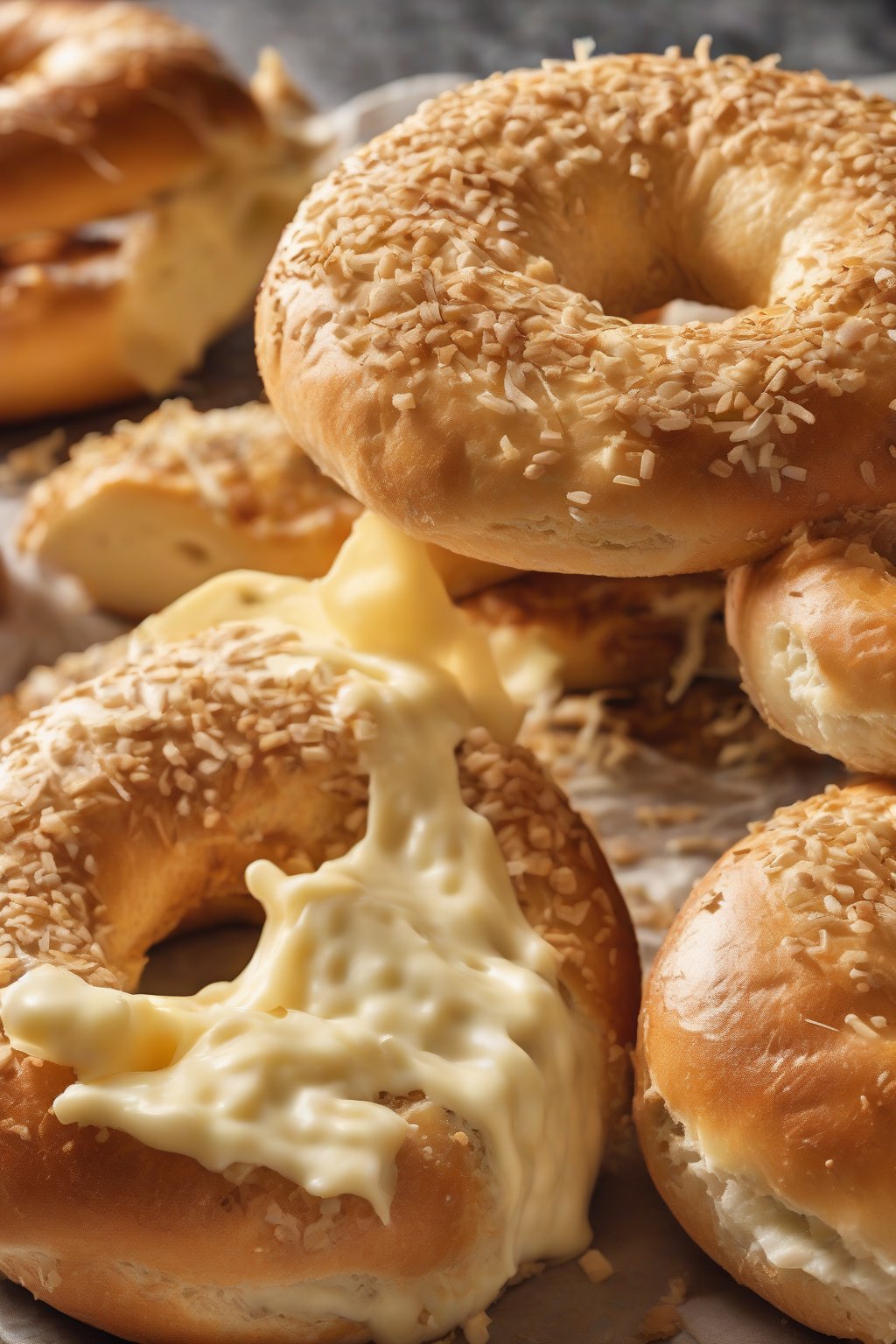 A high-resolution photo of asiago bagels oozing cheese, golden crust cracked, close-up slice, under soft lighting.