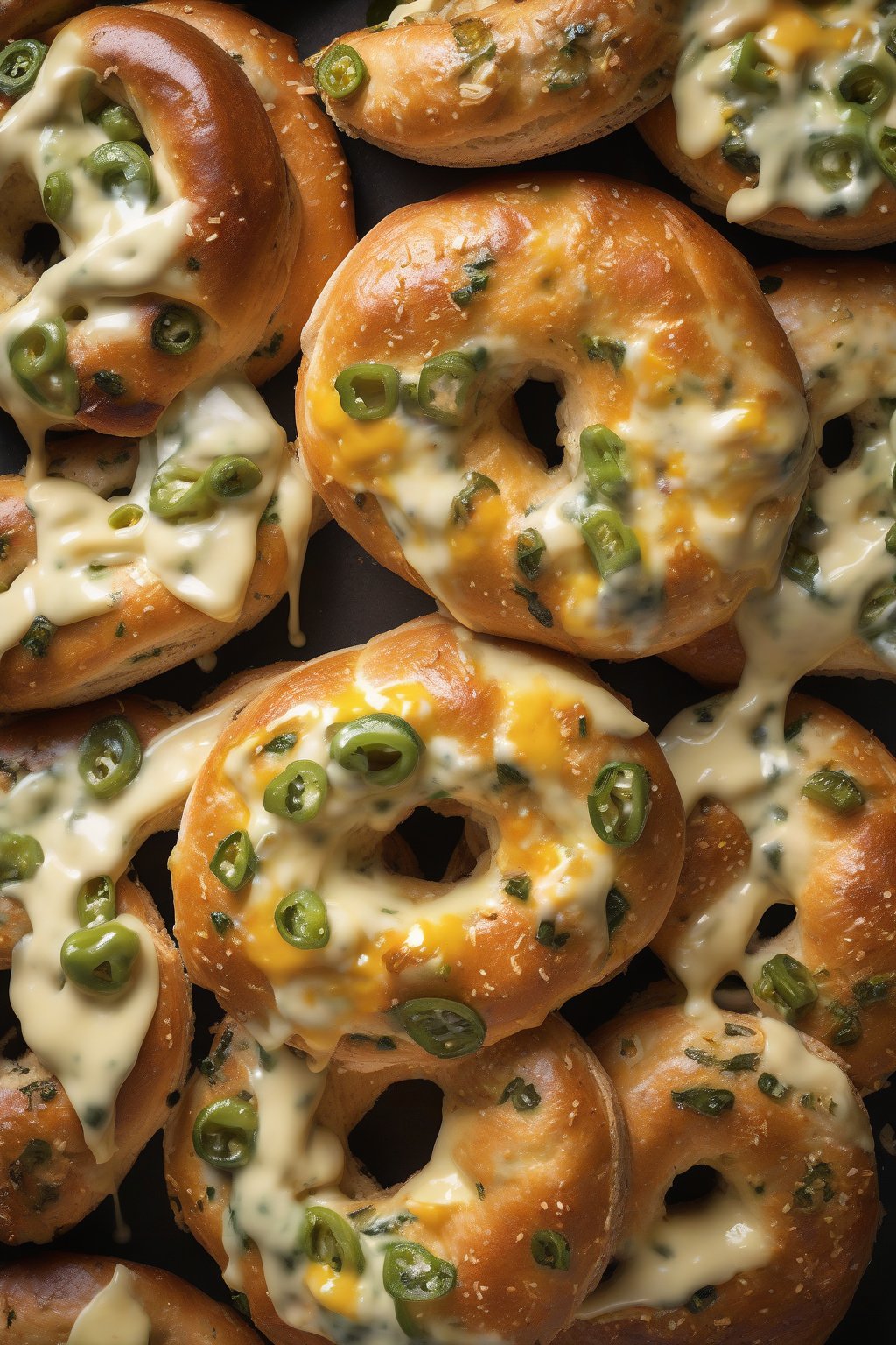 A high-resolution photo of jalapeño cheddar bagels with green flecks and melted cheese pull, fiery slice, under soft lighting.