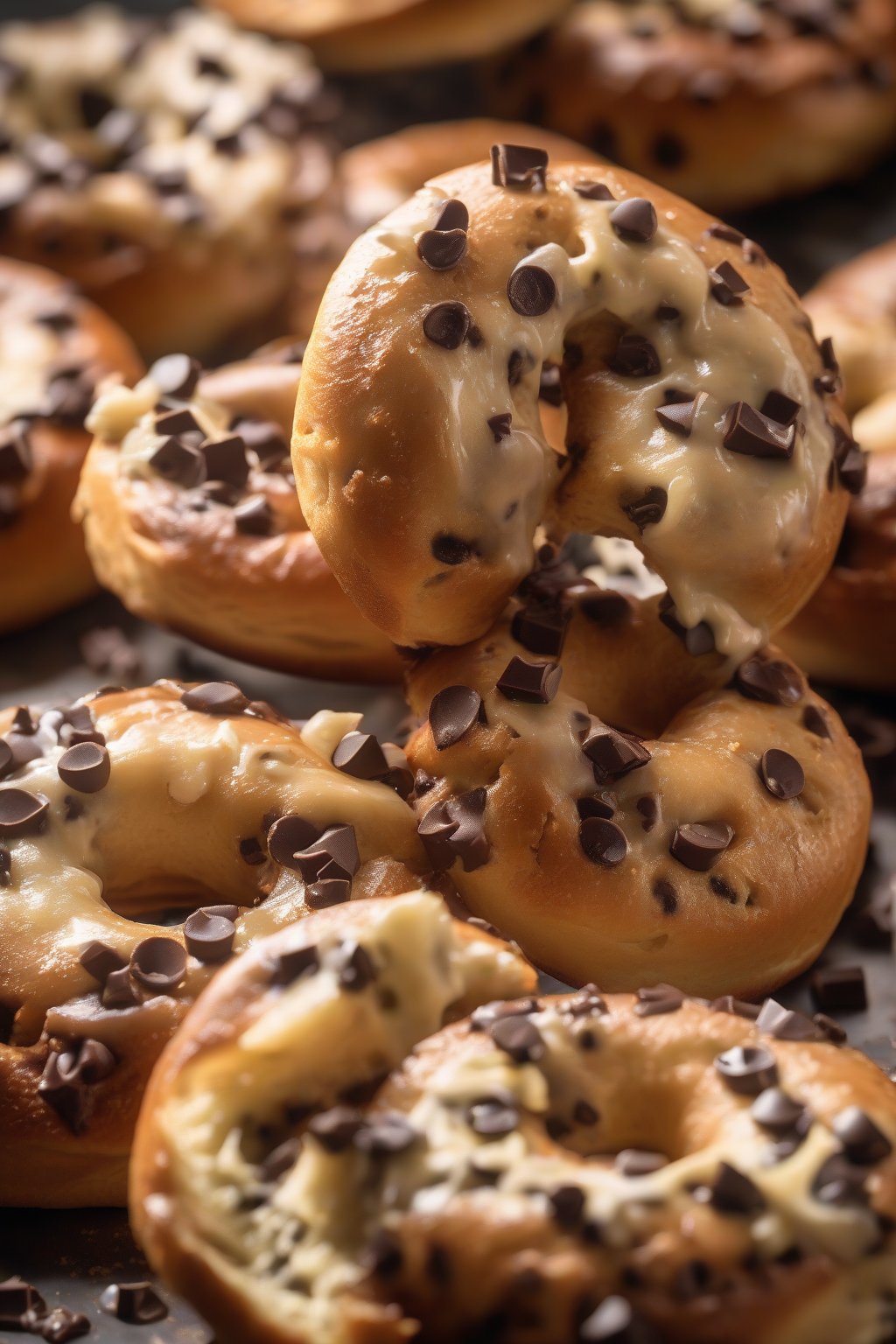 A high-resolution photo of chocolate chip bagels with gooey chips erupting, halved warm center, under soft lighting.