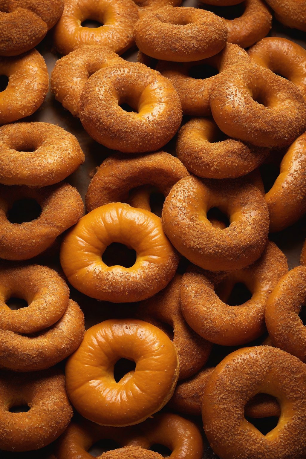 A high-resolution photo of pumpkin spice bagels, orange hue and spice dusting, steam rising, under soft lighting.