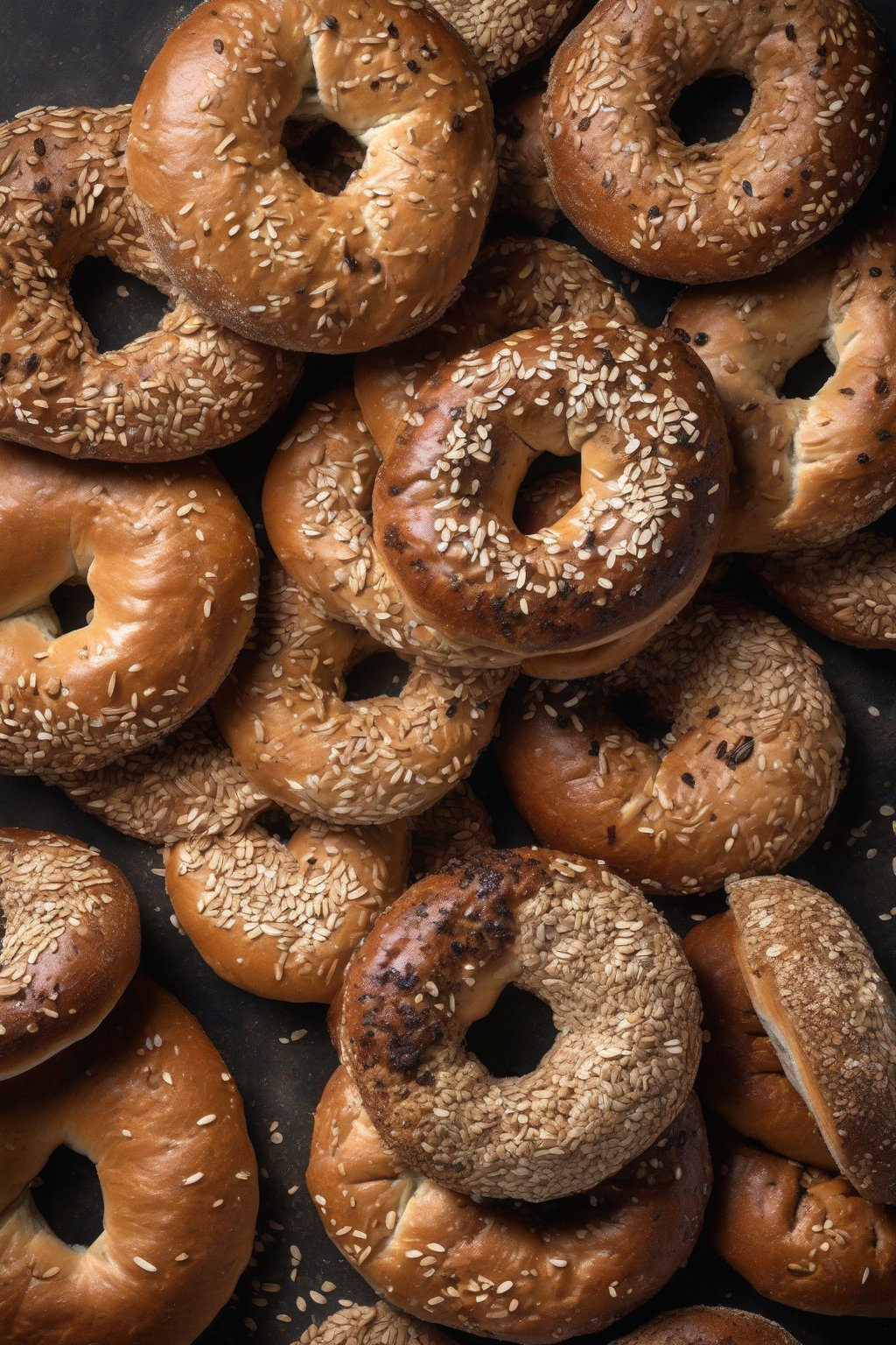 A high-resolution photo of whole wheat bagels, hearty texture visible, rustic with oats optional top, under soft lighting.