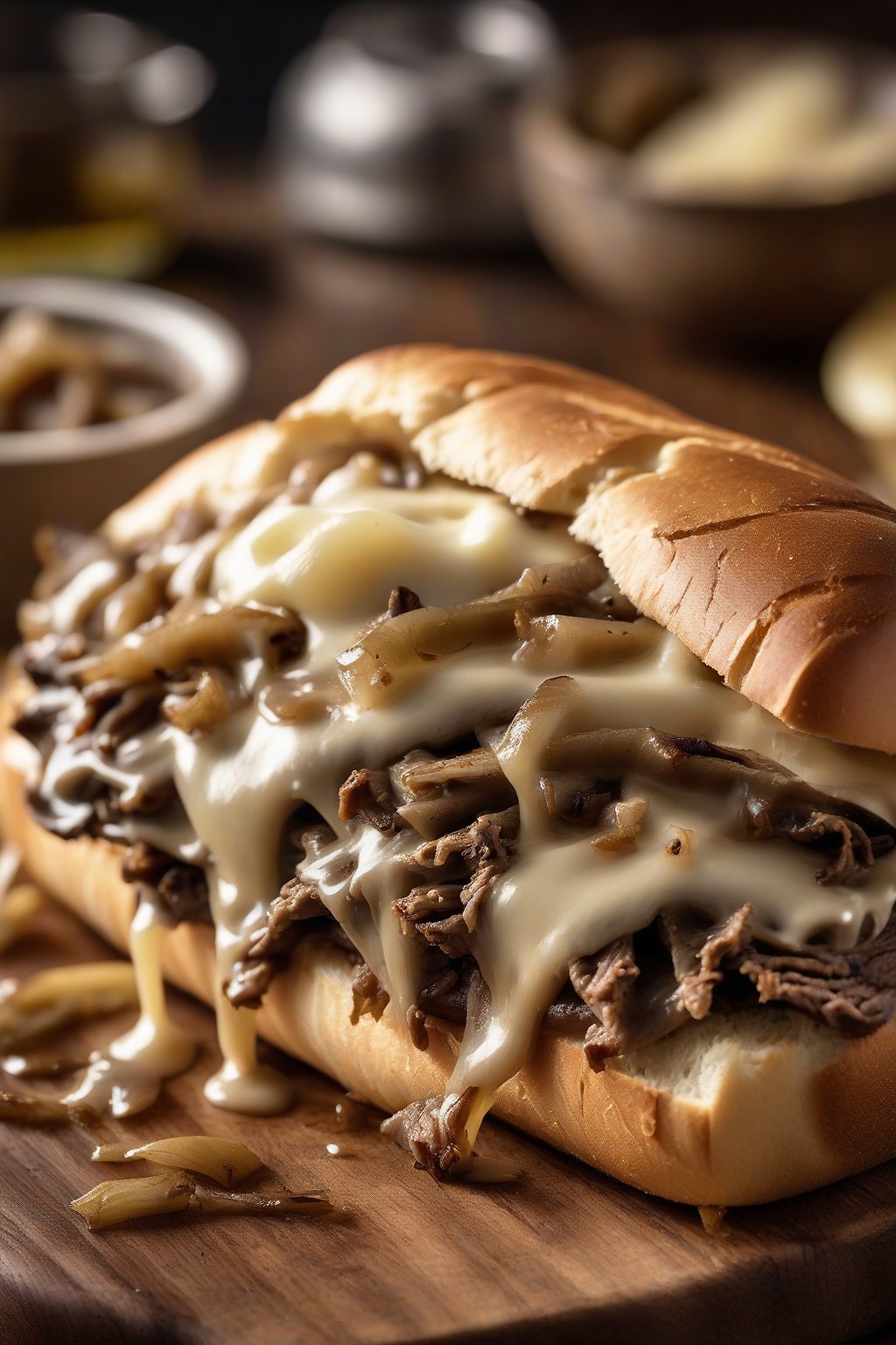 A high-resolution close-up photo of a classic Philly cheesesteak sandwich dripping with melted provolone and caramelized onions, on a wooden board under soft lighting.