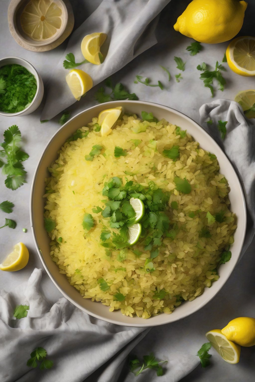 A high-resolution photo of fluffy Classic Kanda Poha topped with fresh coriander and lemon wedges, steam rising gently, under soft lighting.