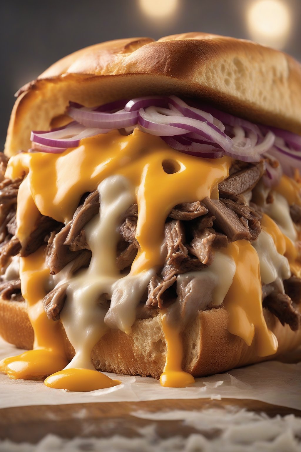 A high-resolution close-up photo of a Cheez Whiz cheesesteak sandwich with gooey orange cheese cascading over thinly sliced steak and onions, under soft lighting.