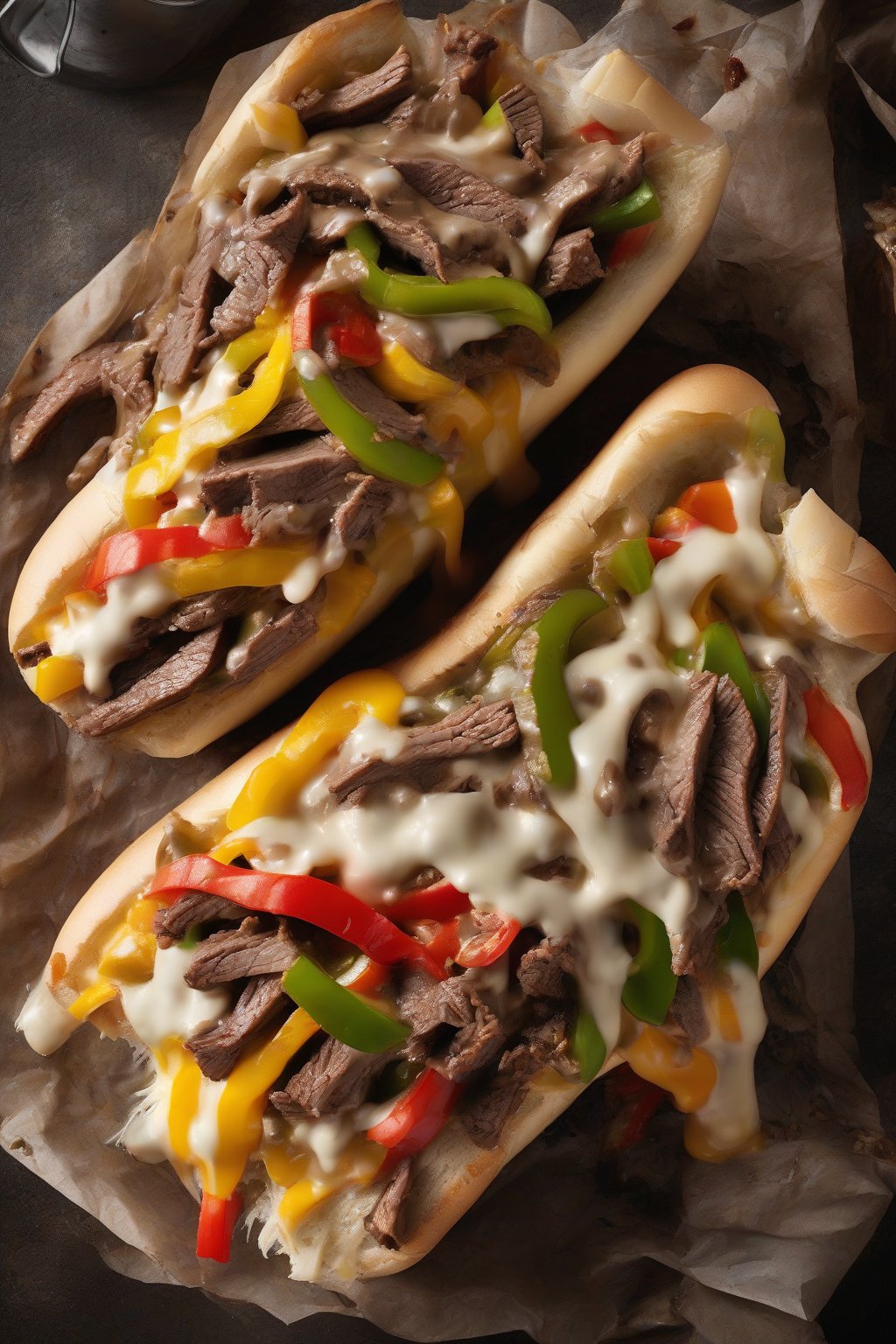 A high-resolution close-up photo of a green pepper cheesesteak with colorful strips of bell pepper amid melted cheese and steak, under soft lighting.