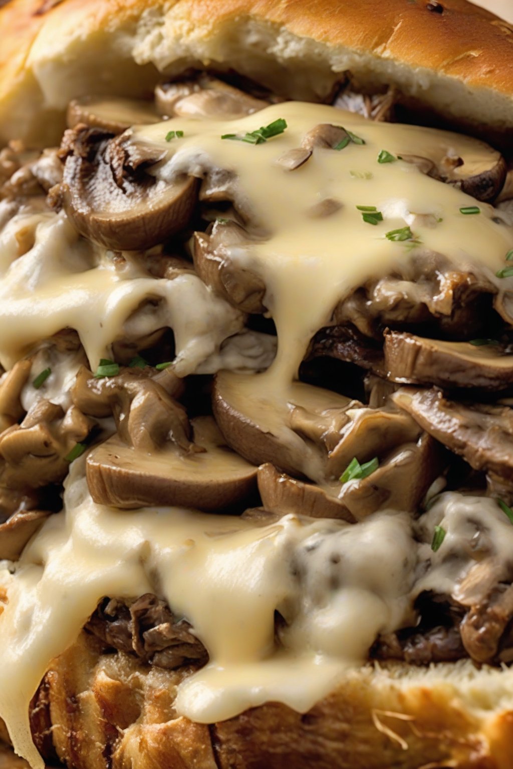 A high-resolution close-up photo of a mushroom Swiss cheesesteak oozing cheese over steak, mushrooms, and onions, under soft lighting.