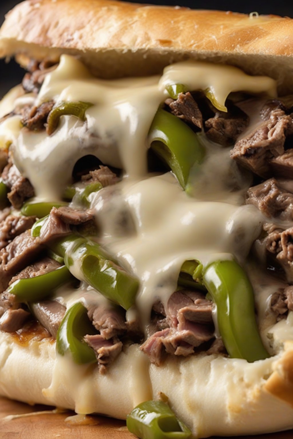 A high-resolution close-up photo of a jalapeño cheesesteak with green peppers peeking through melted provolone and steak, under soft lighting.