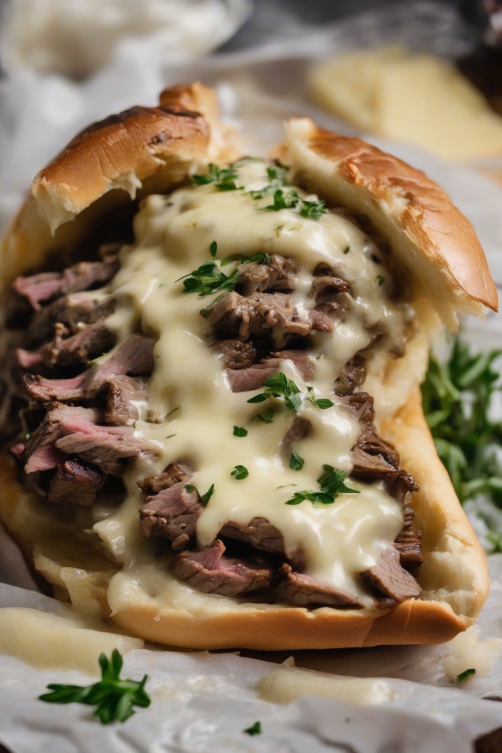 A high-resolution close-up photo of a garlic butter cheesesteak glistening with Whiz and herbs atop ribeye, under soft lighting.