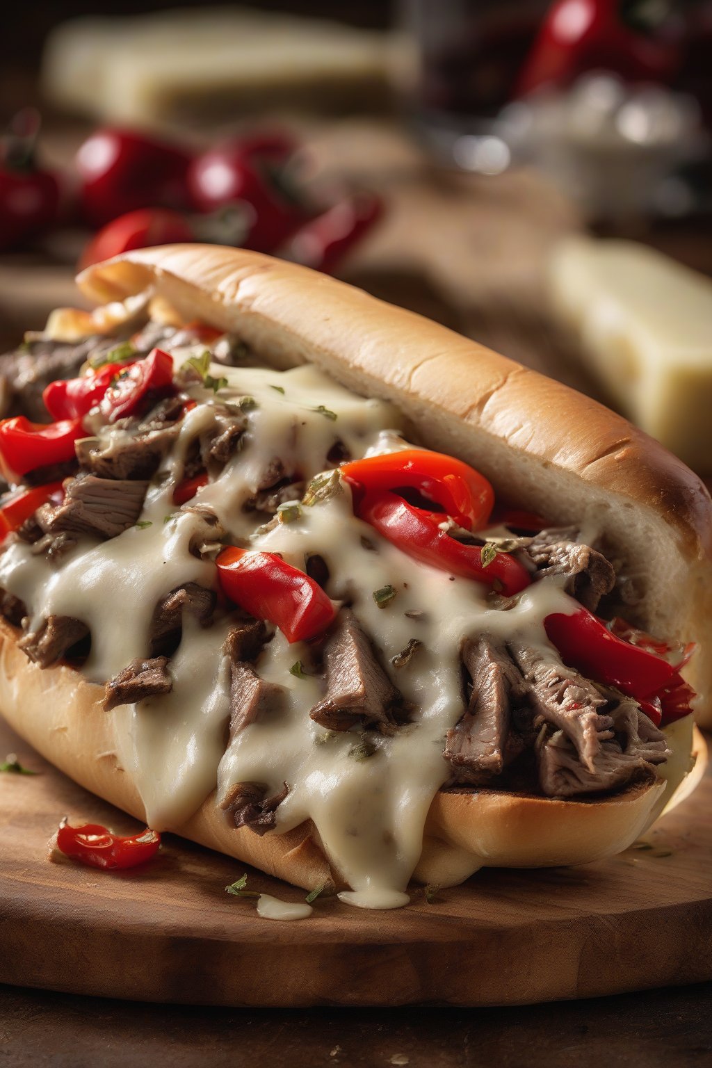 A high-resolution close-up photo of an Italian cheesesteak with red cherry peppers and oregano-flecked provolone over steak, under soft lighting.