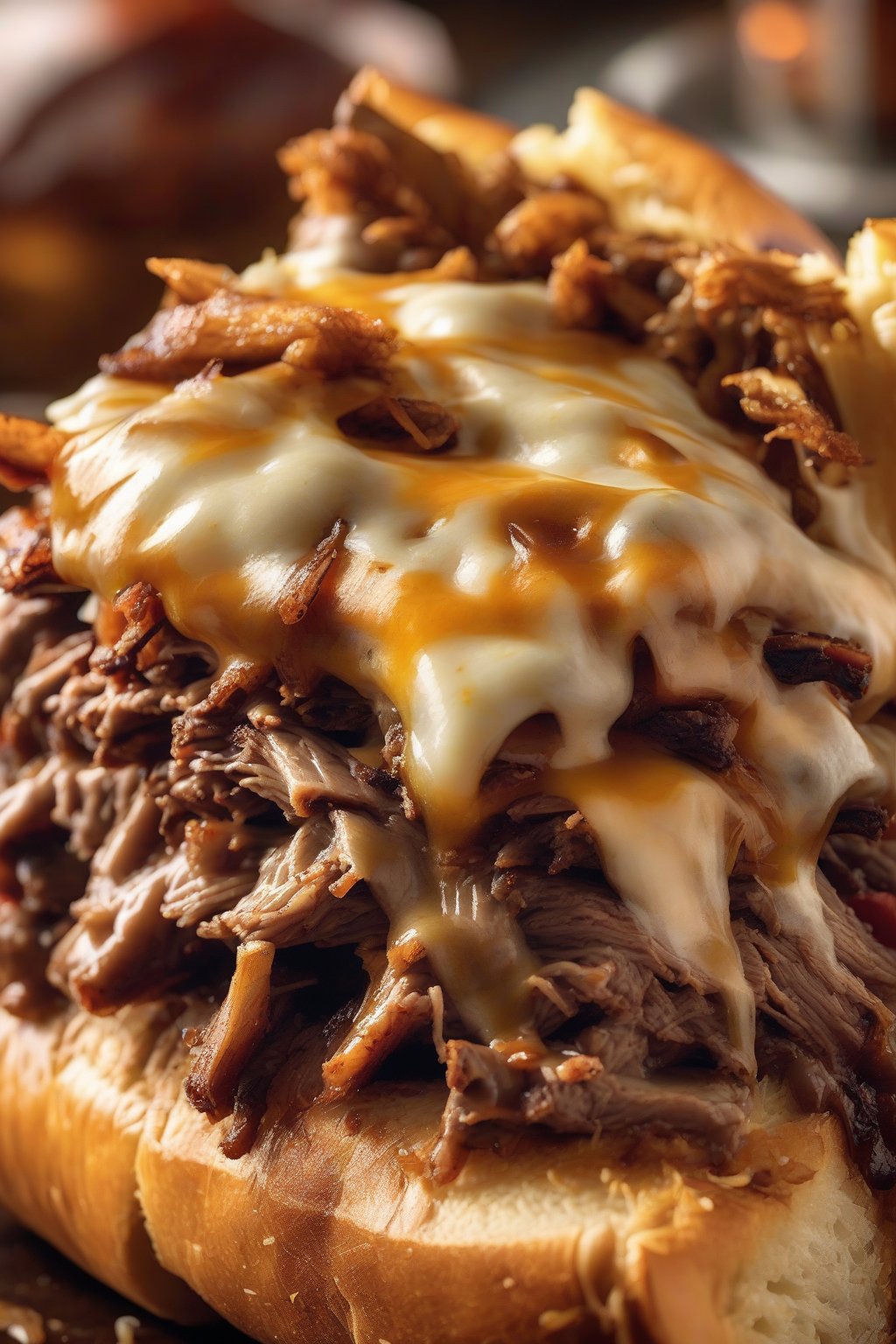 A high-resolution close-up photo of a BBQ brisket cheesesteak sauced and cheesy, with caramelized edges, under soft lighting.