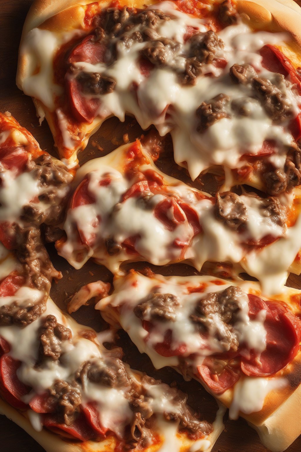 A high-resolution close-up photo of a pizza cheesesteak bubbling with mozzarella, pepperoni, and sauce over steak, under soft lighting.