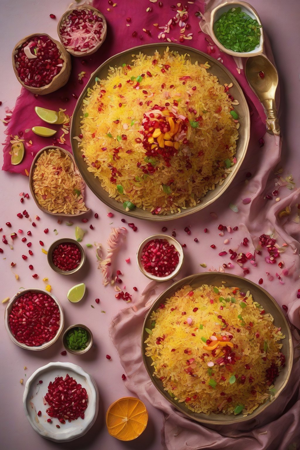 A high-resolution photo of Indori Sev Poha piled high with crunchy sev and juicy pomegranate arils, vibrant colors popping, under soft lighting.