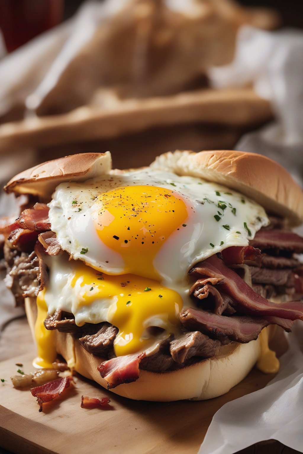 A high-resolution close-up photo of a breakfast cheesesteak with fluffy egg, bacon, and melted cheese on ribeye, under soft lighting.