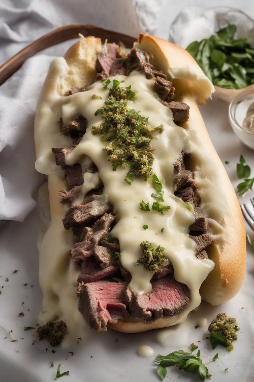 A high-resolution close-up photo of a herb-crusted cheesesteak with green flecks, melted provolone, and steak spilling out, under soft lighting.