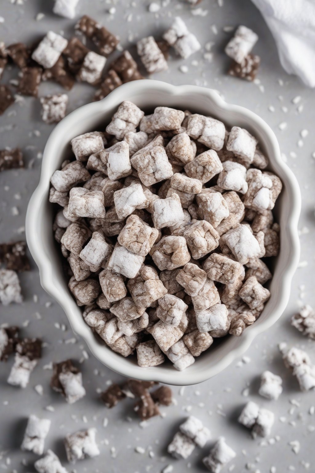 A high-resolution photo of classic chocolate peanut butter Puppy Chow in a white bowl, powdered sugar dusting the crunchy Chex pieces, under soft lighting.