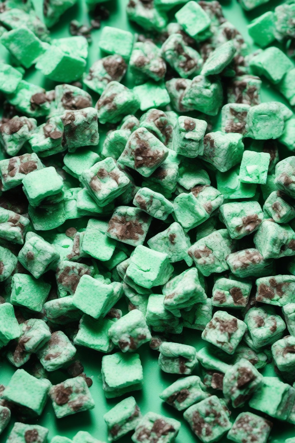 A high-resolution photo of mint chocolate Puppy Chow scattered on a table, green-tinted clusters glistening, under soft lighting.