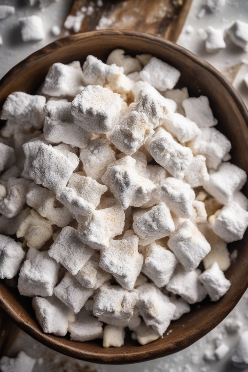 A high-resolution photo of white chocolate Puppy Chow in a rustic bowl, snowy powdered sugar top, under soft lighting.