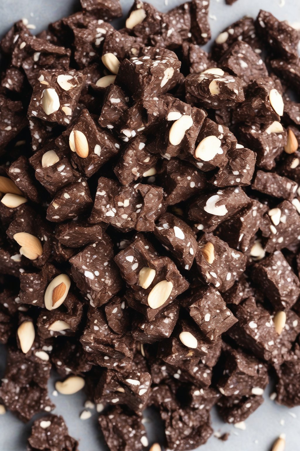 A high-resolution photo of dark chocolate Puppy Chow with almond flecks, deep brown clusters, under soft lighting.