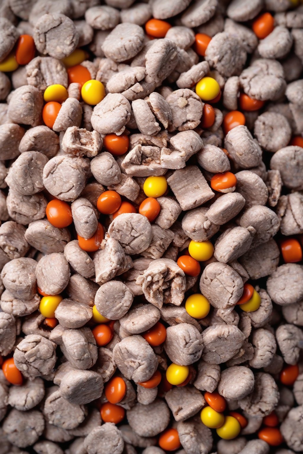 A high-resolution photo of Reese's Puppy Chow bursting with peanut butter cup pieces, sugary coating, under soft lighting.