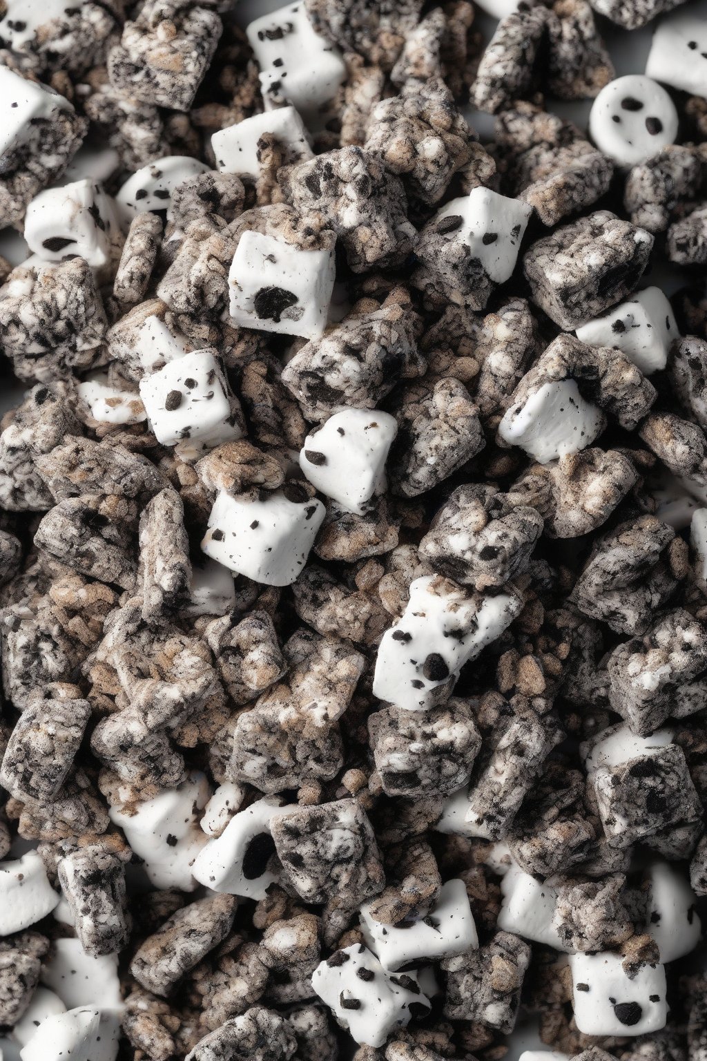 A high-resolution photo of Oreo Puppy Chow with black-white cookie crumbs embedded, under soft lighting.