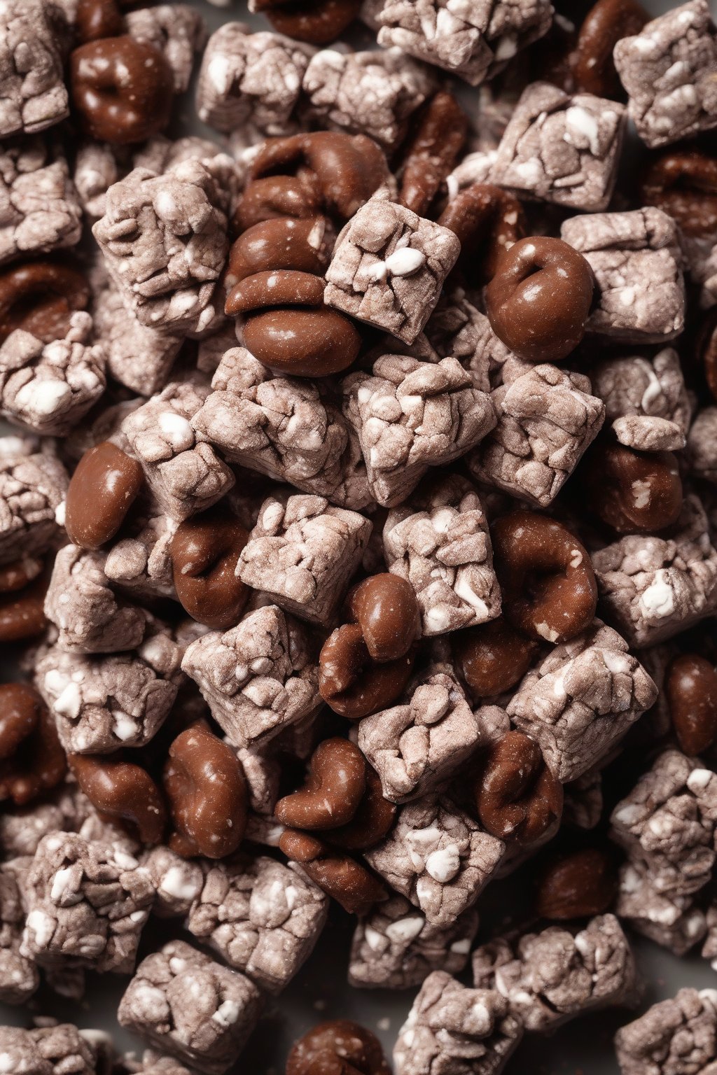 A high-resolution photo of Nutella Puppy Chow, glossy hazelnut-chocolate sheen, under soft lighting.