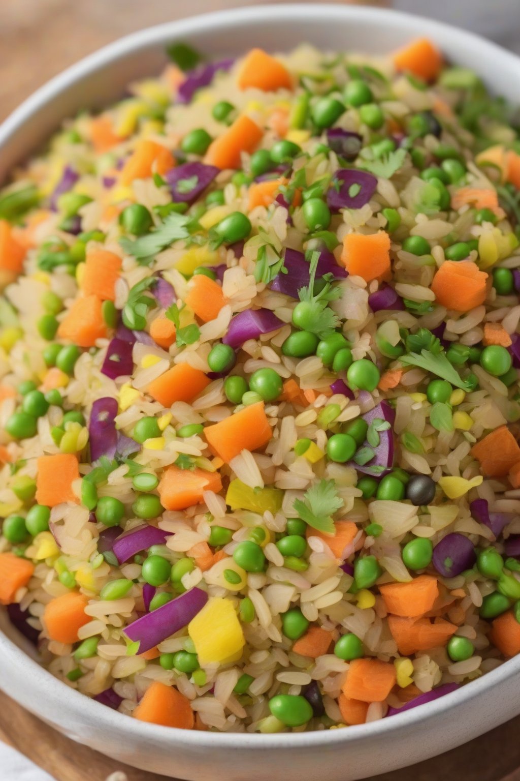 A high-resolution photo of Vegetable Loaded Poha brimming with colorful diced carrots, peas, and beans, garnished with coriander, under soft lighting.