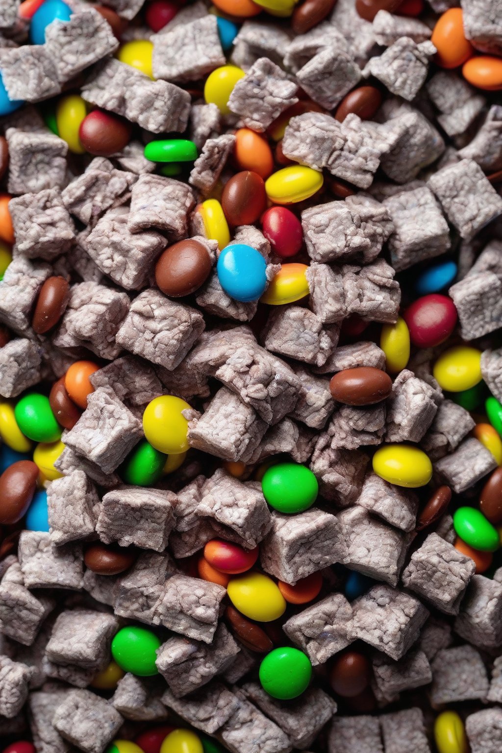 A high-resolution photo of M&M's Puppy Chow in vibrant colors against chocolate base, under soft lighting.
