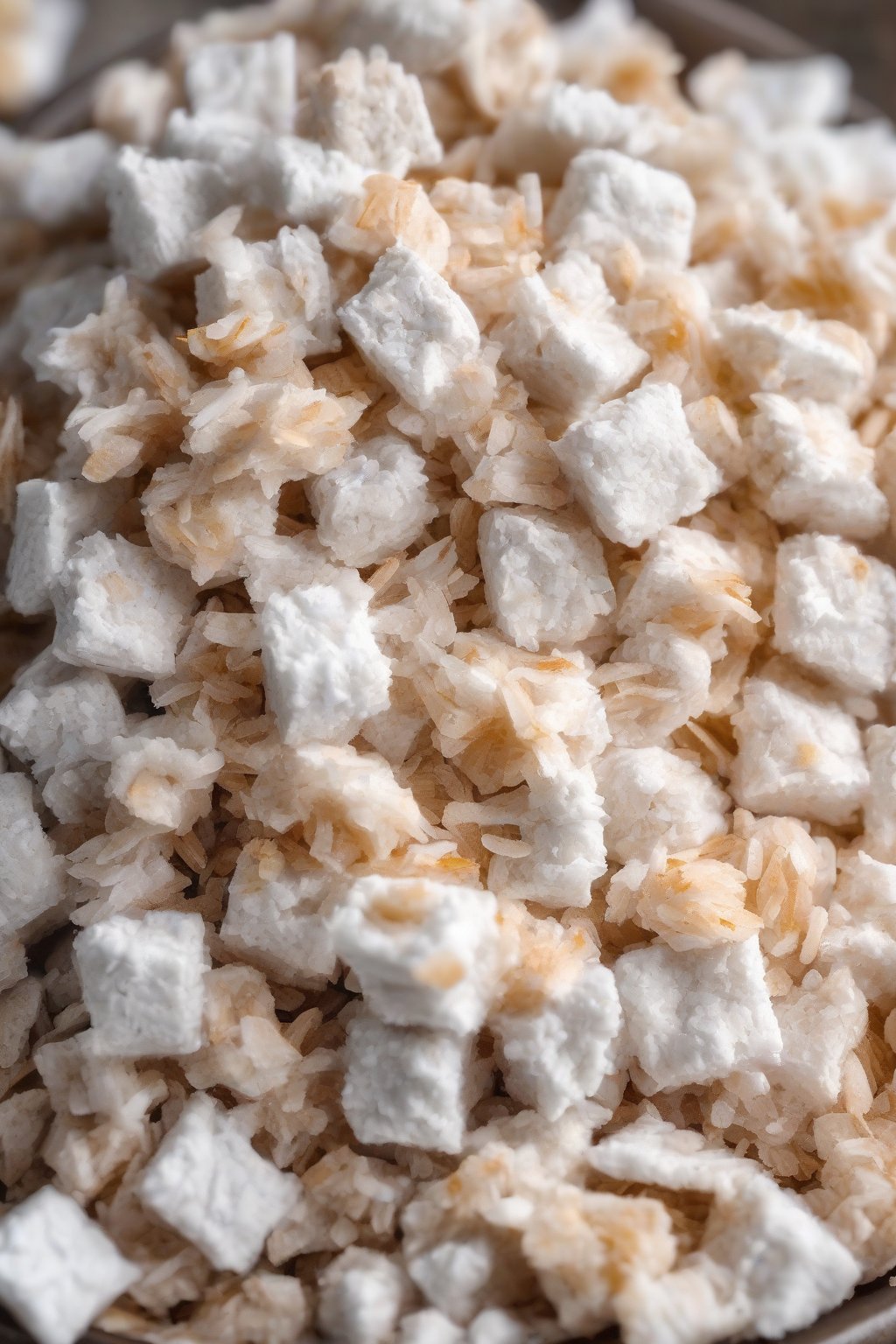 A high-resolution photo of coconut Puppy Chow with fluffy white shreds, tropical vibe, under soft lighting.